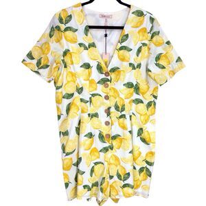 NEW BCBG Lemons Short Romper Flax Blend Womens Large Fruity Summer Tropical